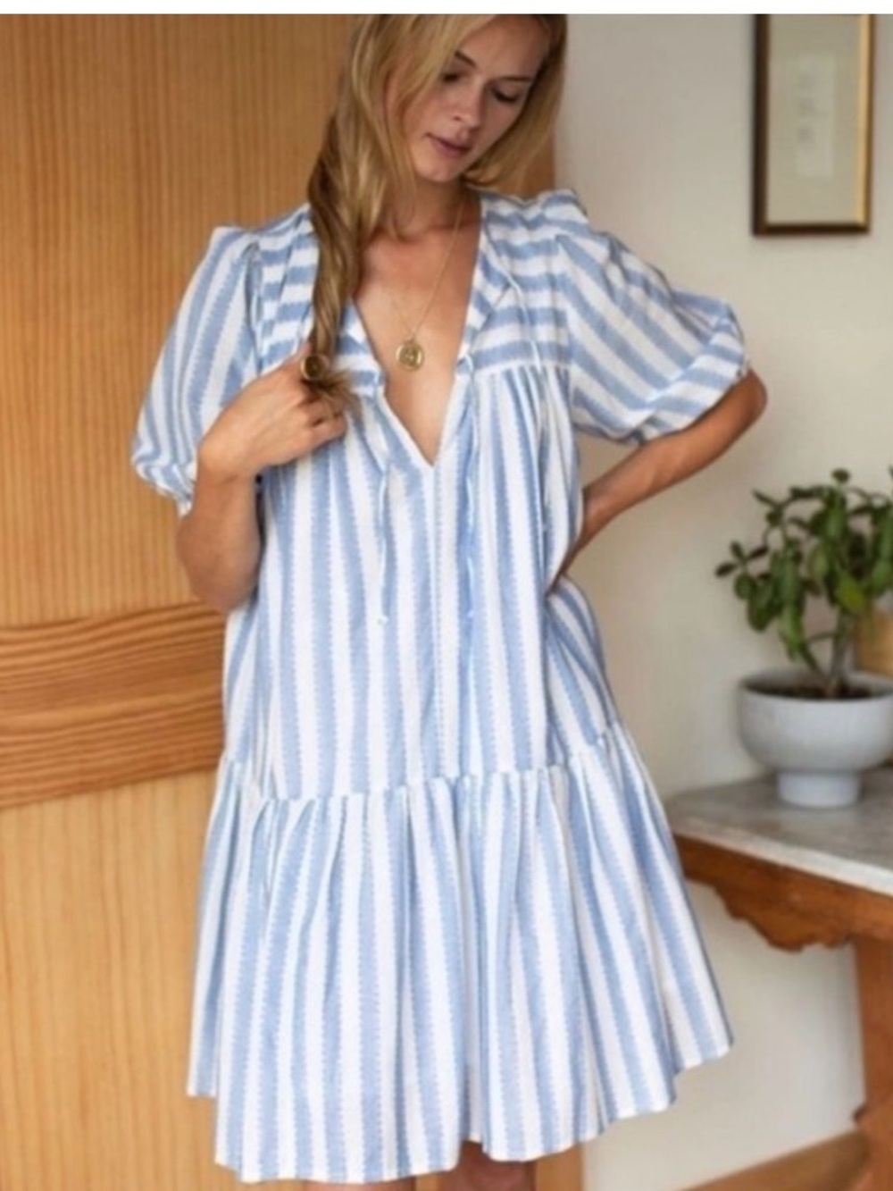 Emerson Fry India Collection Puff Isla Dress Blue Striped Size M/L
